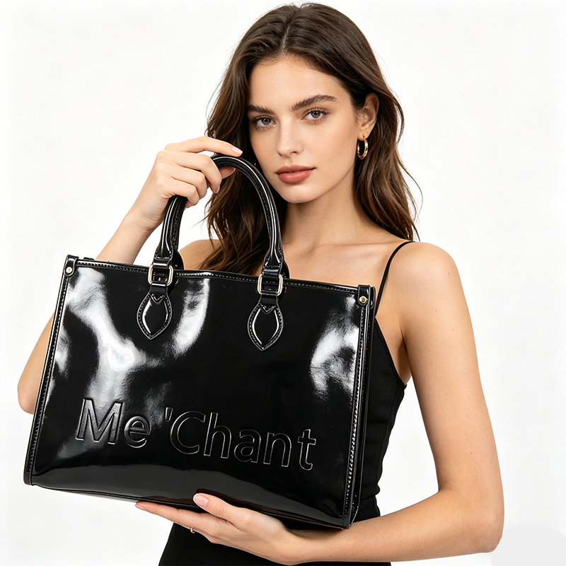 Shoulder Bag Structured - Women Black Glossy Patent PU Leather